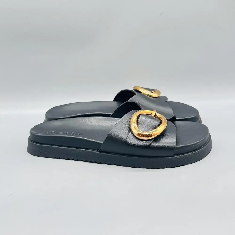 Steve Madden Sandals Womens 8.5 Black Leather Mandie Gold Buckle Slide Shoes